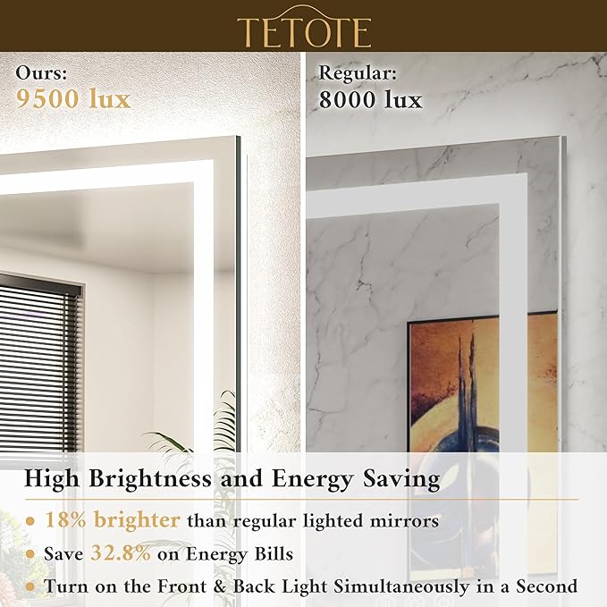 TETOTE LED Lighted Bathroom Mirror with Lights 48 x 30 Brighter Front and Backlit Light up Mirror for Bathroom Wall, Illuminated Vanity Anti Fog Mirror, 3-Color Stepless Dimmable, Tempered Glass