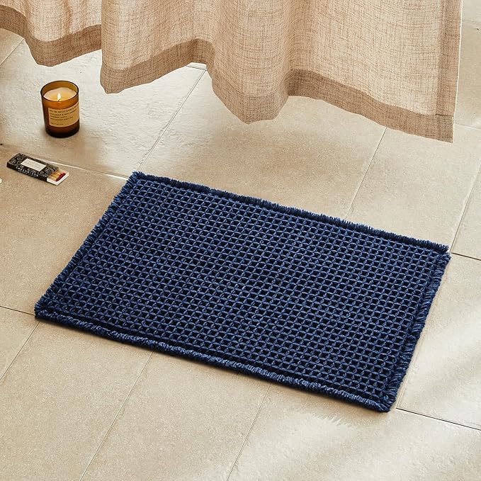 Waffle Bath Mat, Boho Bathroom Rugs Non Slip Washable Super Absorbent Quick Dry Bath Mat Farmhouse Bathroom Decor, 24"x16" Navy Blue