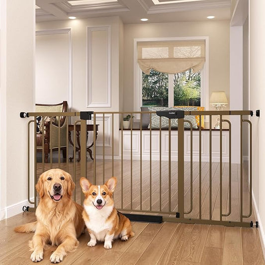 Cumbor Extra Wide Baby Gate, 36.6-69" Walk-Through Dog Gate for Stairs, Doorways & Hallways, 30.5“ Tall, Auto-Close & Dual-Swing Safety Child Gate Indoor, Easy Install Pressure-Mounted Pet Gate, Brown
