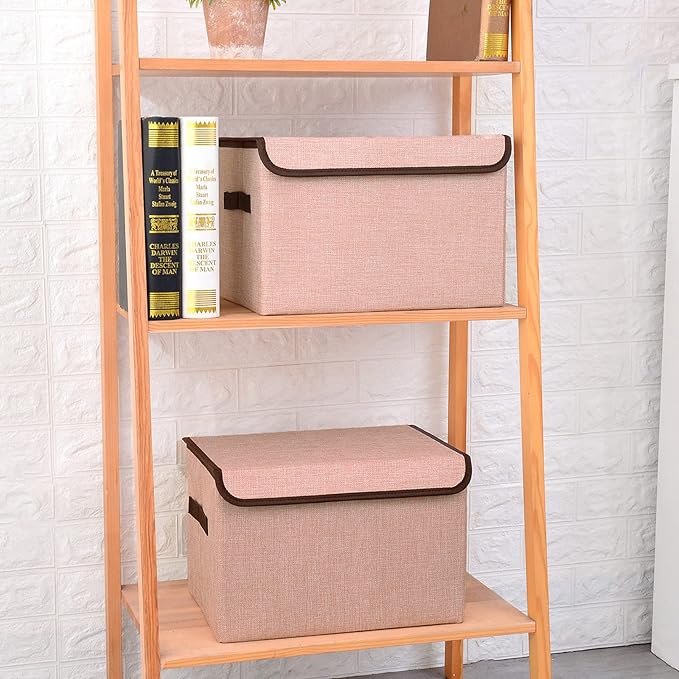 Linen Fabric Foldable Storage Cube Bin Organizer Basket with Flip-Top Lid & Handles, Large Clothes Blanket Box for Home, Office, Closet, Pink, 4 Pack 14.6 x 9.5 x 9.5”