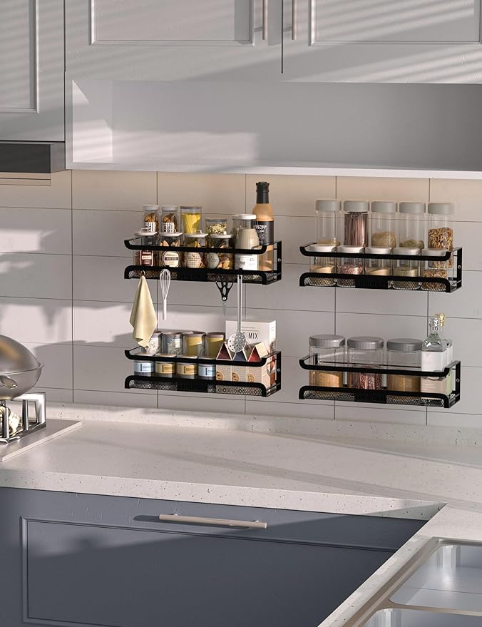Spice Rack Wall Mount with Hooks - Spice Racks Organizer for Cabinet Storage, Wall Mounted Hanging Shelf Seasoning Organizer, for Kitchen, Pantry Door, Bathroom (Black, 1 Pack)