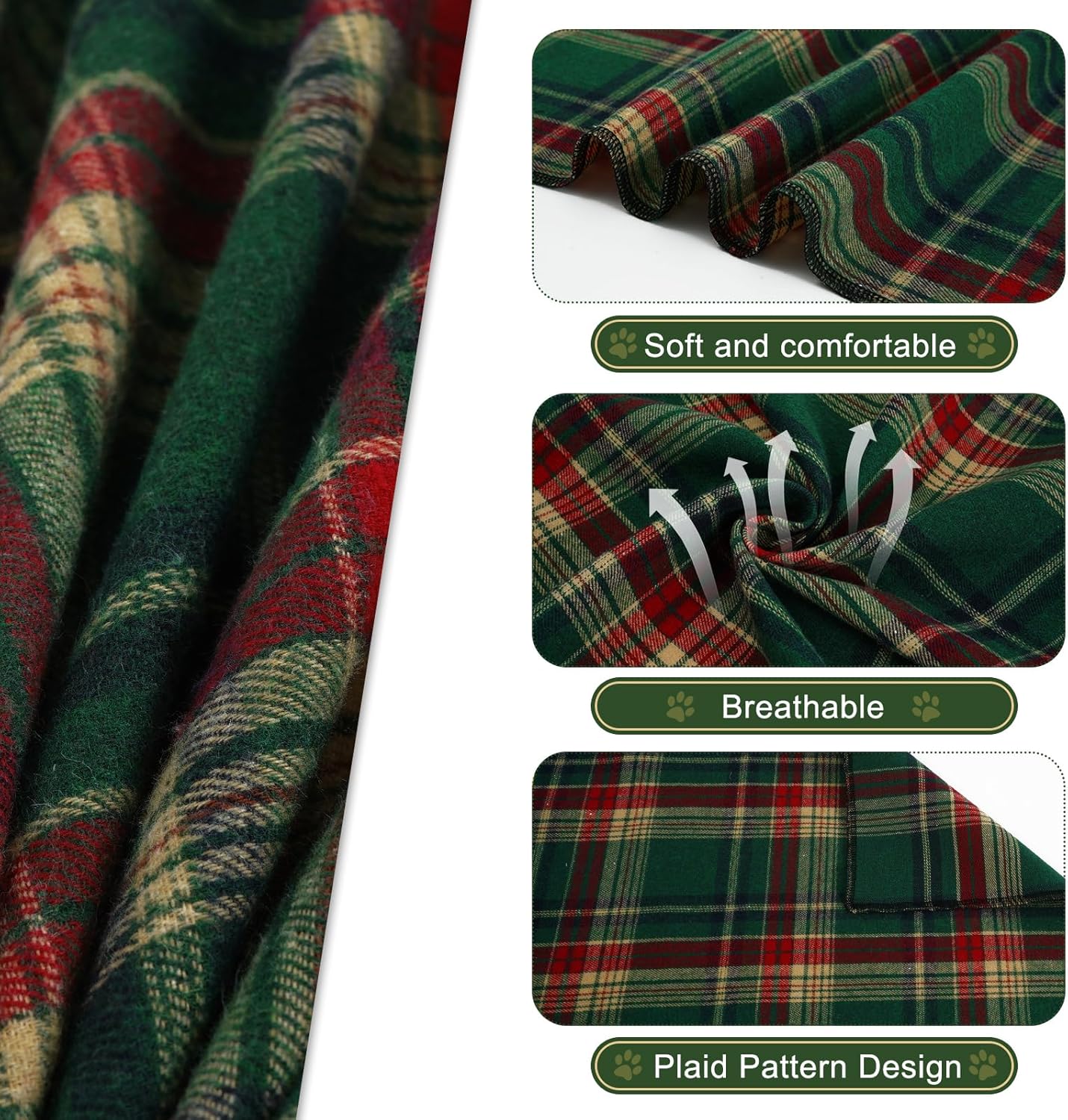 E-Clover Cute Dog Bandanas Plaid Dog Bandana Matching Scrunchie Pet Kerchief Scarf for Medium Large Dogs Boy Girl Green Red