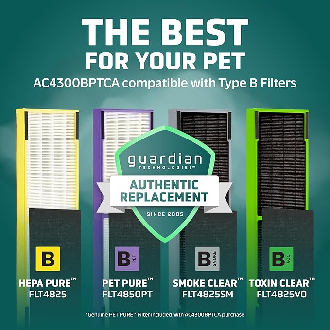 GermGuardian 5-In-1 HEPA Air Purifier for Home, Pet Air Purifier with HEPA Air Filter & UV-C Light, AC4300BPTCA, 743 Sq. Ft., 22'' Tower, Black