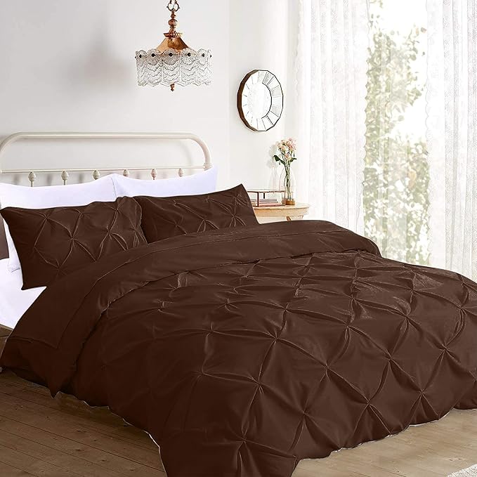 Pinch Pleated Duvet Cover Set 100% Brushed Microfiber 3PC King Size 94x104 Duvet Cover Set, Decorative Pinch Design Brown Duvet Cover with Matching Pillow Case