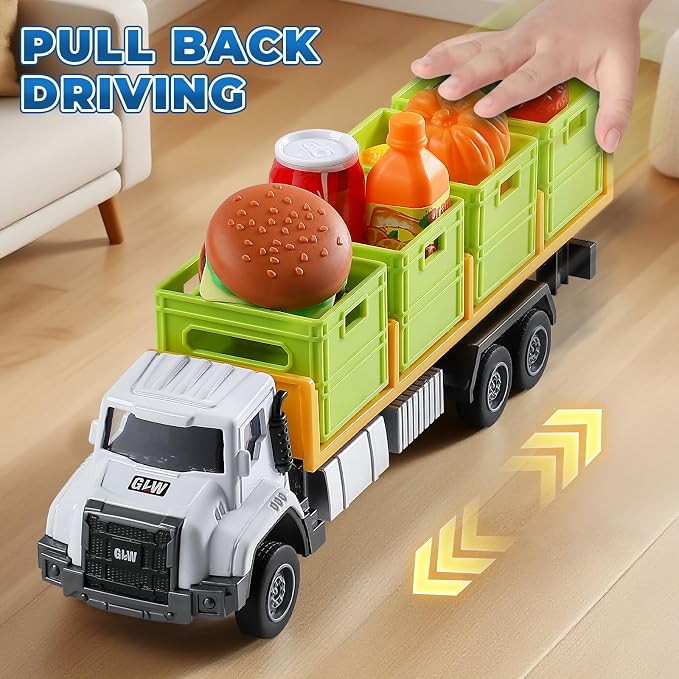 Food Transport Truck Toy for Age 3-8 Kids – 1:55 Alloy Vehicles Head Goods Trailer with Cargo Box and Food Model, Lights & Sounds (Transport Truck White)