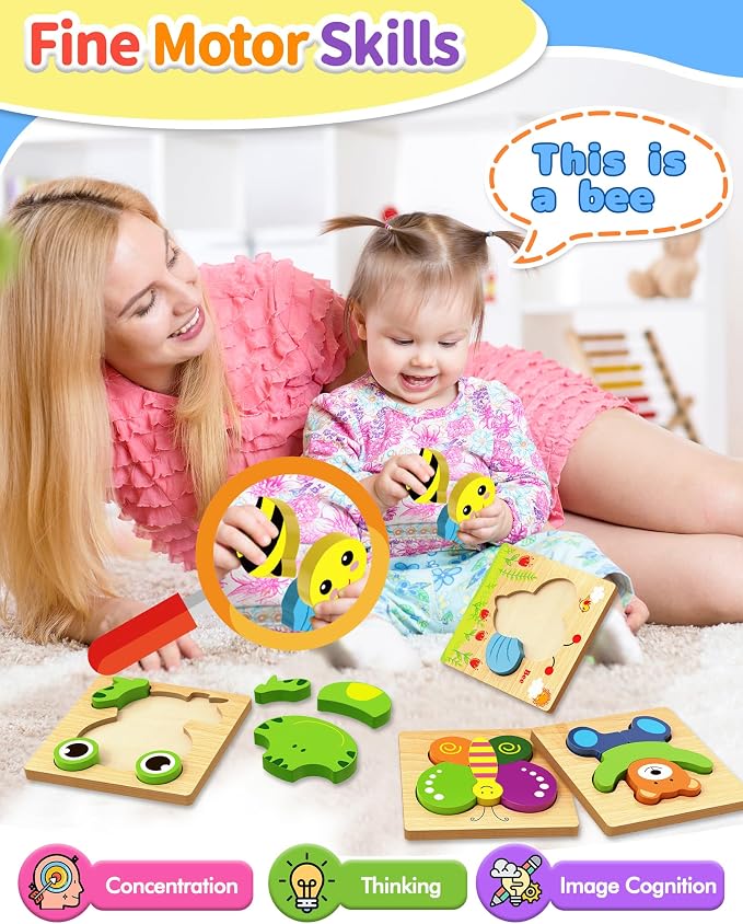 Bekayshad Wooden Puzzles for Toddlers 1-3, Montessori Toys for 1 2 Year Old | Toddler Puzzle, 1 2 Year Old Boy Girl Birthday Gifts, 12 Pack Animal Shape Jigsaw Puzzles, Learning Educational Preschool Toy