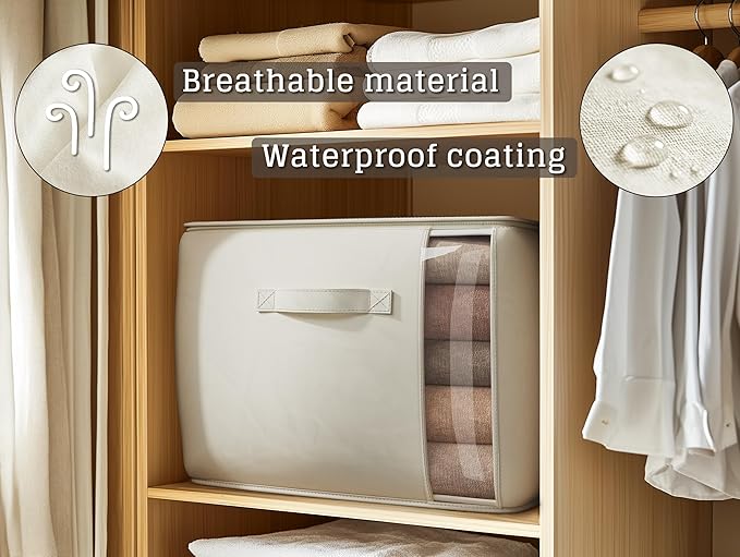 Large Canvas Clothes Storage Bags with Thick Handles and Clear Window, Foldable Cotton Linen Underbed Closet Organizer for Clothing, Blankets and Bedding, 60L, 4 Pack, Beige