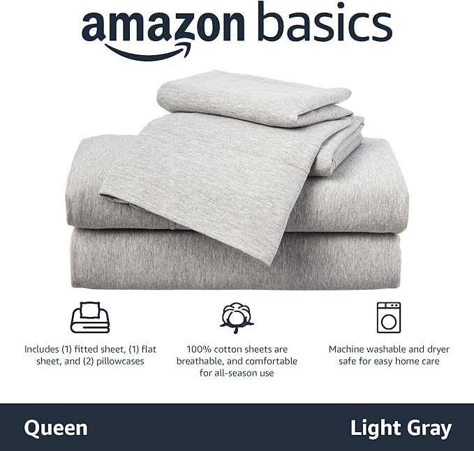 Amazon Basics 4 Piece Bed Sheet Set, 100% Cotton Jersey, Includes Super Soft, Flat and Fitted Sheets, Pillowcase, Queen, Light Gray, Solid