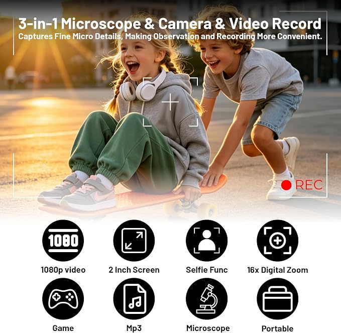1000X Handheld Microscope for Kids 2.0" Screen 32GB Card Included | Rechargeable 3 in 1 Pocket Digital Kids Microscopes with Camera & Selfie Lens, Edu Science Kits for Kids 4-6 8-12 Yellow