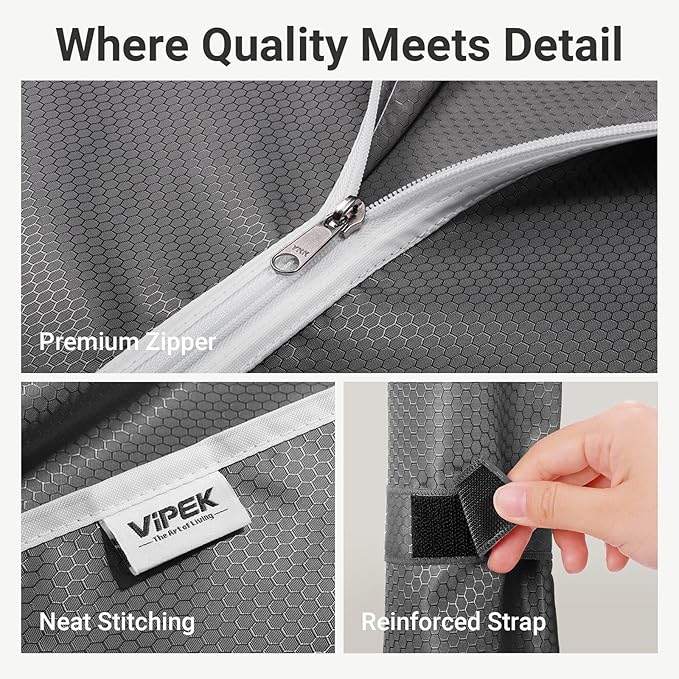 VIPEK V4C Heavy Duty Adjustable Clothing Rack, White Metal Closet Rack with Grey Cover, 57.9" L x 17.3" W x 76.4" H, 3 Hanging Rods & Side Hooks, Portable Closet