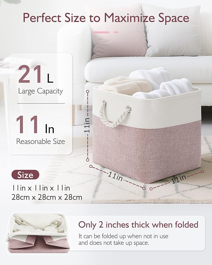 11 Inch Storage Cubes 6-Pack, Foldable Fabric Organizer Bins with Rope Handles, Cube Storage Baskets for Closet Shelves and Home Organization(White/Pink)