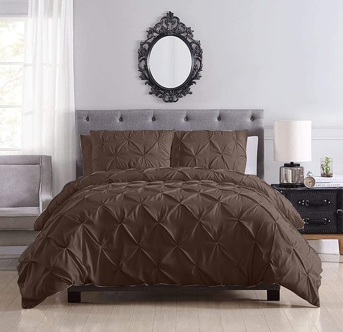 Pinch Pleated Duvet Cover Set 100% Cotton 3PC Alaska King Size 120x132 Duvet Cover Set, Decorative Pinch Design Brown Duvet Cover with Matching Pillow Case
