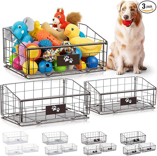 Mimorou 3 Pack Metal Dog Toy Baskets Multi-sized Foldable Dog Toy Bins Box Storage Container Organizer for Living Room Area Decorative Pet Accessories Coat Clothing Storage Holder Baskets(Bronze)