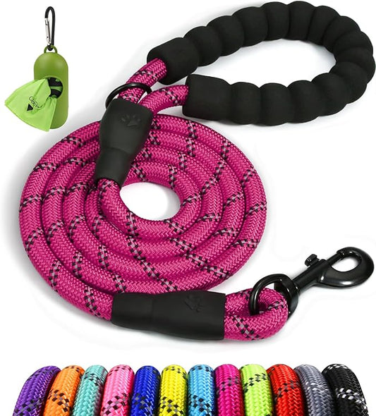 Taglory Rope Dog Leash 6 FT with Comfortable Padded Handle, Highly Reflective Threads Leash and Anti-Tangle Clip for Walking Small Dogs, 3/8 inch, Hotpink