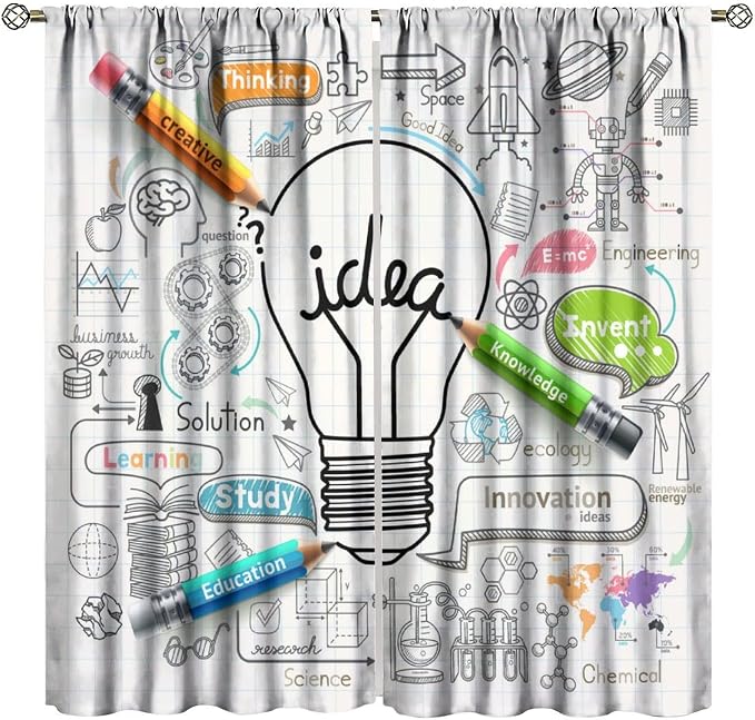 Science Symbols Kids Curtain Sketches Cartoon Chemistry Physics Geometry Education Pattern Print Window Drapes for Bedroom Living Room Kitchen Decor,2 Panel Set,42x45 Inch Blackout