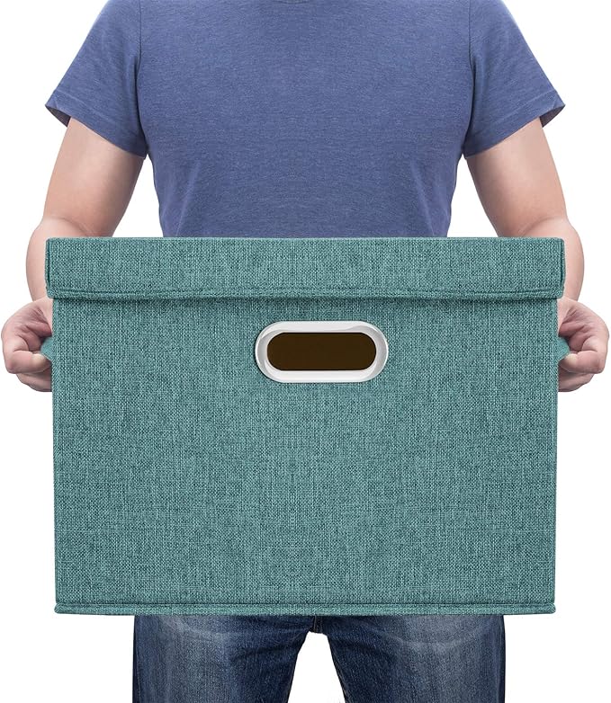TYEERS Large Storage Bins with Lids, Collapsible, Washable, Fabric Storage Boxes for Organizing, 17.3x11.8x11.4 inches, 3 Pack, Aqua Deep