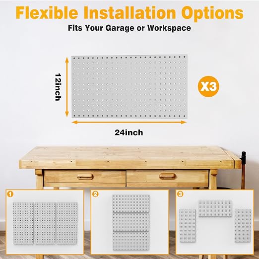 Pegboard Smith Metal Pegboard Panels 12" x 24", 3 Pack Grey Wall Mounted Tool