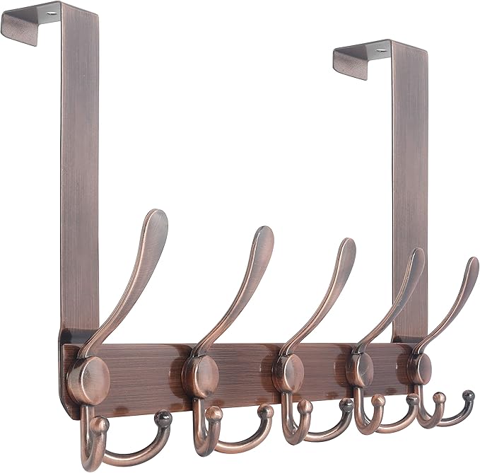 WEBI Over The Door Hook Rack with 5 Tri Hooks for Hanging Coats,Door Hanger Over Door Towel Rack Door Coat Towel Hanger Door Coat Rack,Antique Copper