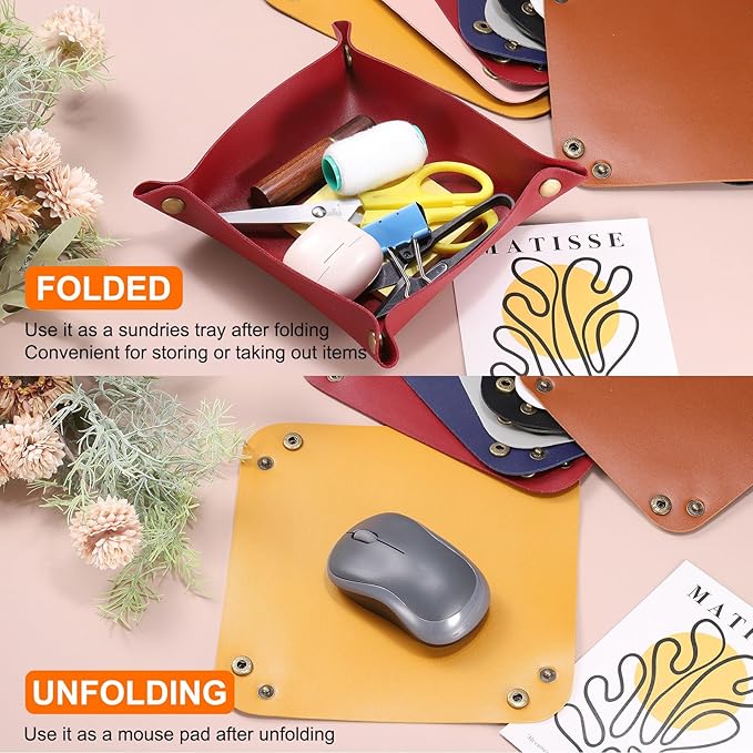HARFINGTON 4pcs PU Leather Valet Tray Unisex Folding Small Catchall Tray Portable Entryway Table Tray Nightstand Bedside Desk Tray for Key Wallet Watch Coin Jewelry Dice, Yellow