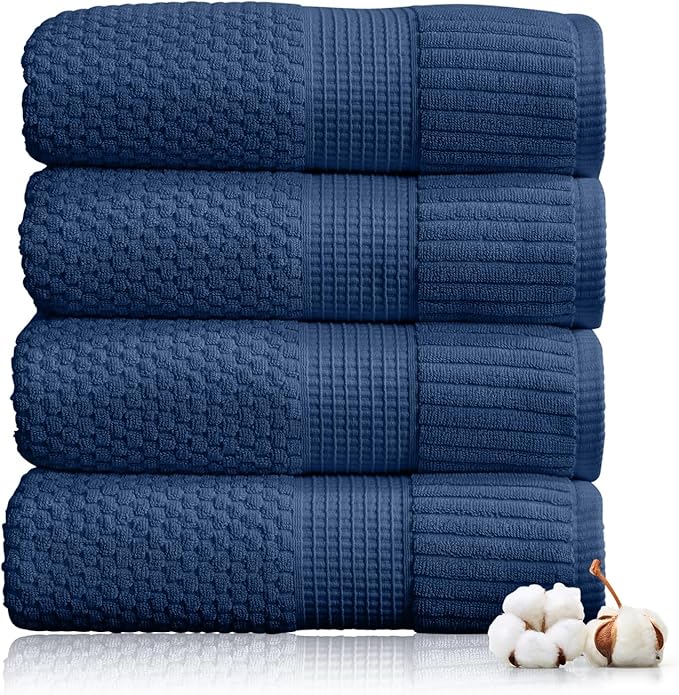 NY Loft 100% Cotton 4 Pack Bath Towel Set| Navy Bath Towels | Super Soft & Absorbent Quick-Dry Bath Towels 30" x 52" |Textured and Durable Cotton | Trinity Collection (4 Pack, Navy Blue)