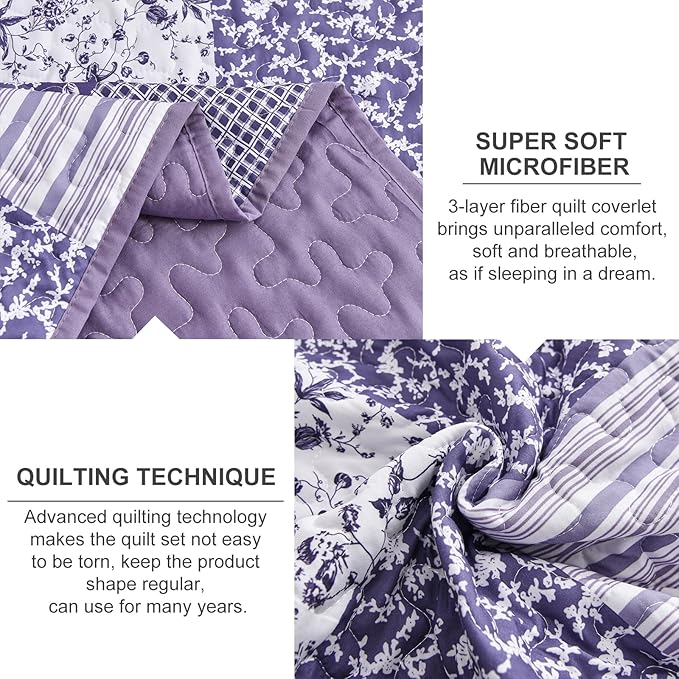 Mybedsoul Purple Quilt Set California King Size, 3 Pieces Boho Plaid Floral Bedspread Set Microfiber Lightweight Bohemian Bedding Bedspread Coverlet Set for All Season 106"x 96"