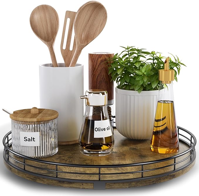 Lazy Susan Turntable Organizer for Table Top, 12’’ Round Wooden Lazy Susan for Cabinet Kitchen Countertop Pantry Dining Coffee Table for Condiments Spices, Rustic Bathroom Vanity Tray for Soap Candle