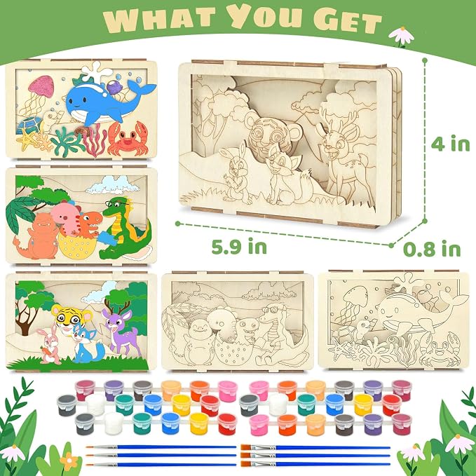 Vileafy Crafts for Kids Ages 4-8, 6-Pack Painting 3D Scene Wood Puzzles | Creative Summer Crafts, Individual Paint & Brushes, Dinosaur, Under the Sea, Animals Craft for Boys and Girls Gifts