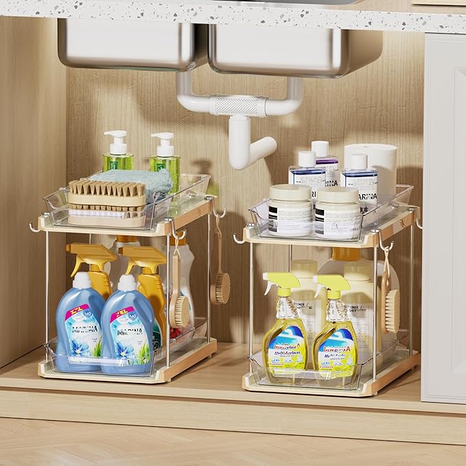 Delamu 2 Tier Under Sink Organizer Bathroom, Bathroom Cabinet Organizer with Snap-Lock Design and Hooks, Pull Out Storage with Movable Dividers, for Countertop, Kitchen and Pantry (Wood Grain, 4 Pack)