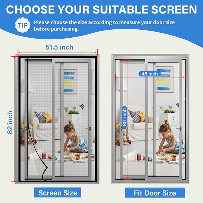Magnetic Screen Door Left Right Side Opening Upgraded PET Mesh Greater Than Fiberglass and Polyester,Keep Bugs Out,Pet & Kid Friendly,Suitable for Sliding Doors,Patio French Doors-48" X 80"