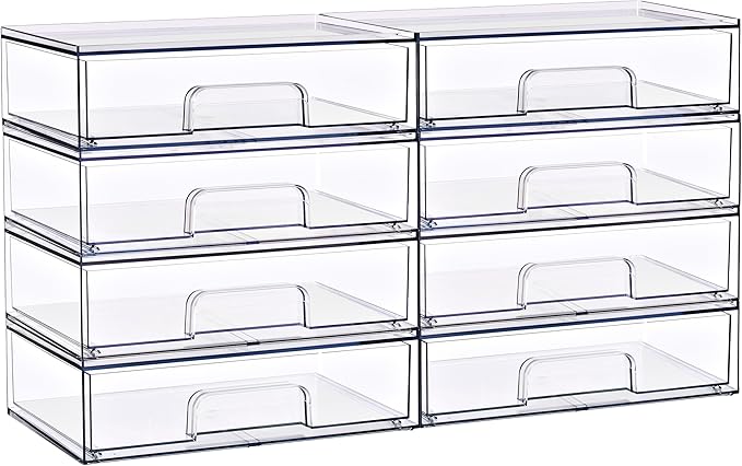 Sorbus Wide Stackable Acrylic Storage Drawers, 8 Pack Clear Plastic Organizer Bins for Baby Bottles, Makeup, Bathroom, Vanity & Countertop Organization, Pull-Out Drawer Design for Cabinets & Pantry