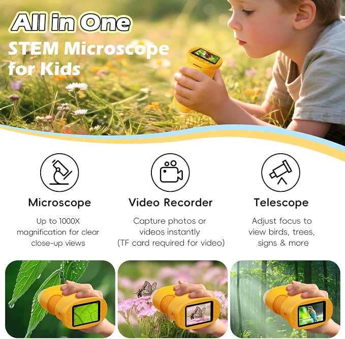 Alotwan Microscope for Kids 1000X Digital, Handheld Kids Microscope | HD Screen, Camera & Video, Portable Miniscope, Magnifying Glass for Kids, STEM Toys, Birthday Gifts for Boys & Girls 3-12