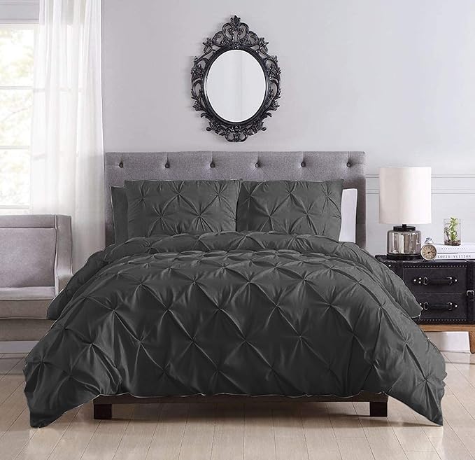 Pinch Pleated Duvet Cover Set 100% Brushed Microfiber 3PC Twin Size 68x90 Duvet Cover Set, Decorative Pinch Design Dark Grey Duvet Cover with Matching Pillow Case