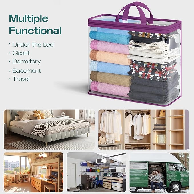 5PACK Clear Zippered Storage Bags for Clothes, 22L Closet Organizers Bag, and Blanket Storage Bags for Bedding, Linen, Blankets, Comforters, Clothing & Toys (Purple)
