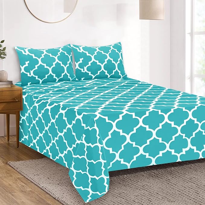 Mejoroom King Bed Sheet Set - Super Soft Brushed Microfiber 1800 Thread Count Sheets with 15 inch Deep Pocket - Wrinkle Free - 4 Piece(Aqua Quatrefoil with White Pattern)