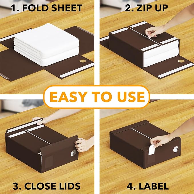 SpaceAid 4 Pack Bed Sheet Organizers and Storage, Foldable Sheet Organizer for Linen Closet, Sheets Set Folder Keeper with Window XL (Queen & King Size) Bedding Container (Brown, 4 Pack)