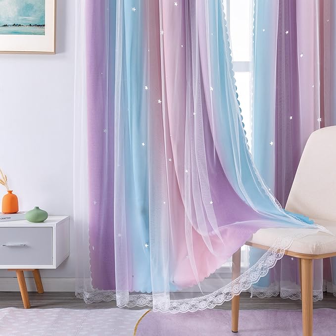 XiDi Curtains for Bedroom Decor, Rainbow Pink Purple/34/79