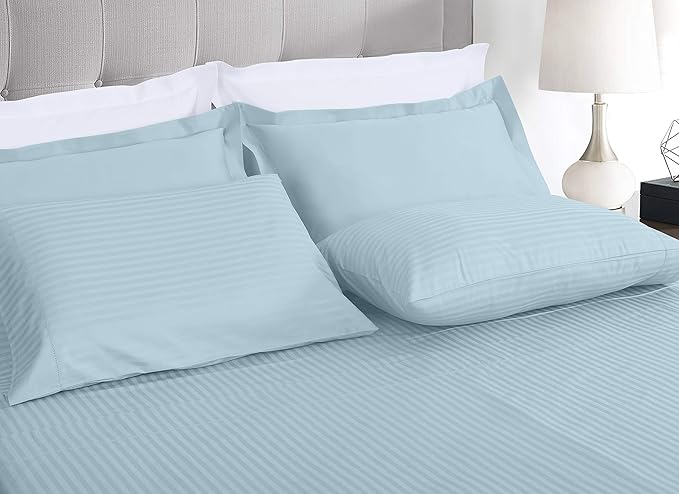 Threadmill 100% Cotton Sheets for Full Size Bed - 600 Thread Count Full Bed Sheets Set with 16” Deep Pocket - Damask Stripe Sateen Weave 4-Piece Bedding Set with Cooling Effect, Blue