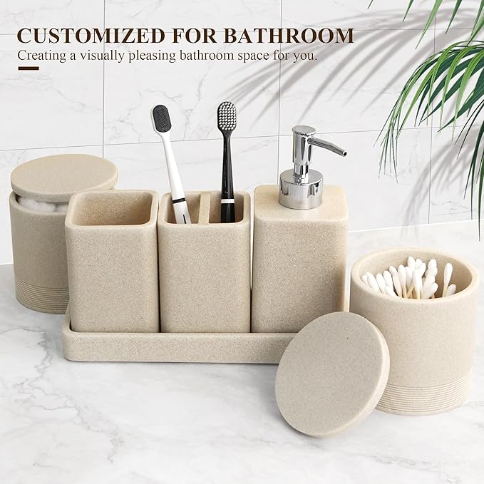 Bathroom Accessories Set, 6 Piece Bathroom Set with Toothbrush Holders, Soap Dispenser, Vanity Tray, Tumbler, Cotton Swab Jars, Bathroom Organizer，Bathroom Sink Sets, Stone Beige
