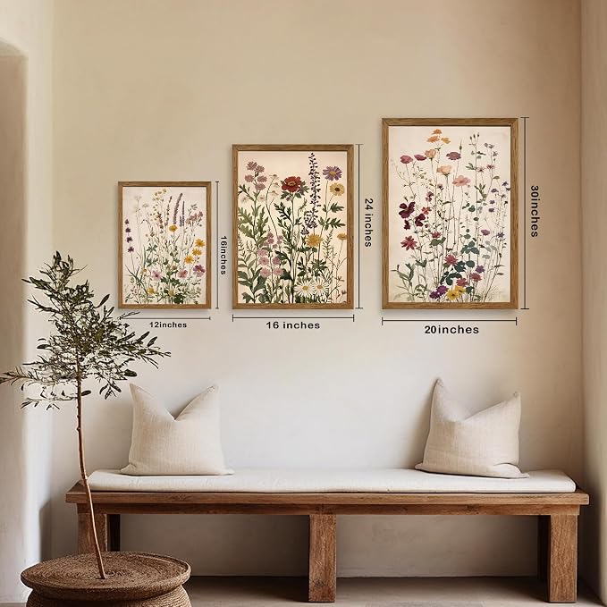 WRFON Botanical and Flower Canvas Wall Art, Framed Wildflower Wall Art Set of 3