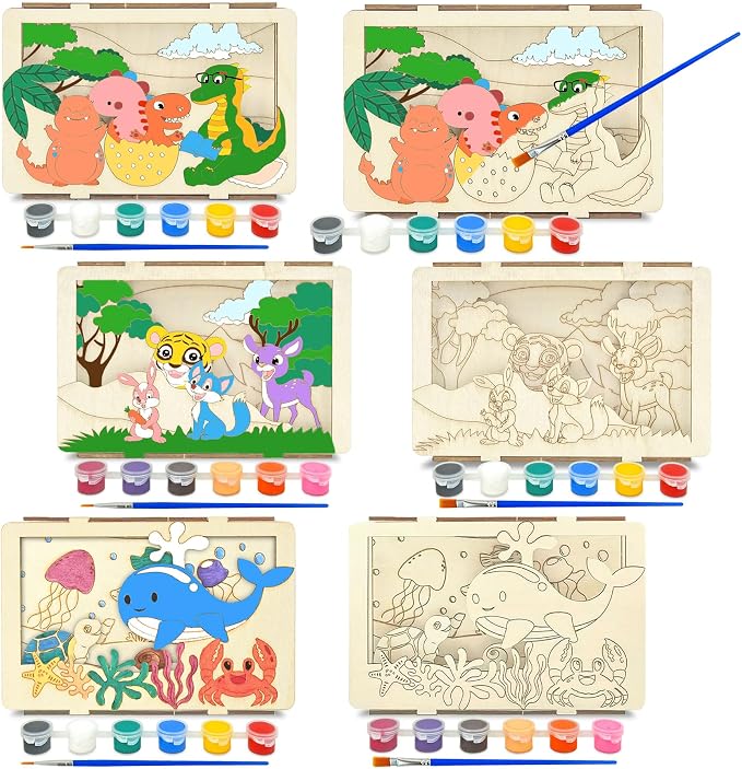 Vileafy Crafts for Kids Ages 4-8, 6-Pack Painting 3D Scene Wood Puzzles | Creative Summer Crafts, Individual Paint & Brushes, Dinosaur, Under the Sea, Animals Craft for Boys and Girls Gifts