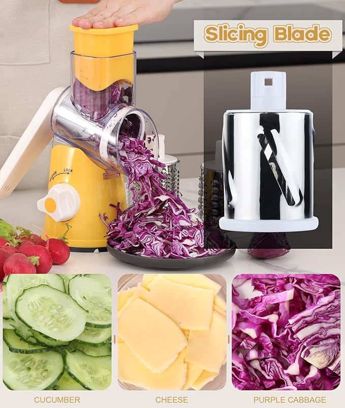 Ourokhome Rotary Cheese Grater Hand Crank, Kitchen Shredder Speed Mandolin Slicer Nut Grinder with Handle and Drum Blades for Cheese, Vegetable, Walnut, Chocolate, Potato, Carrot, 3 Blades, Yellow