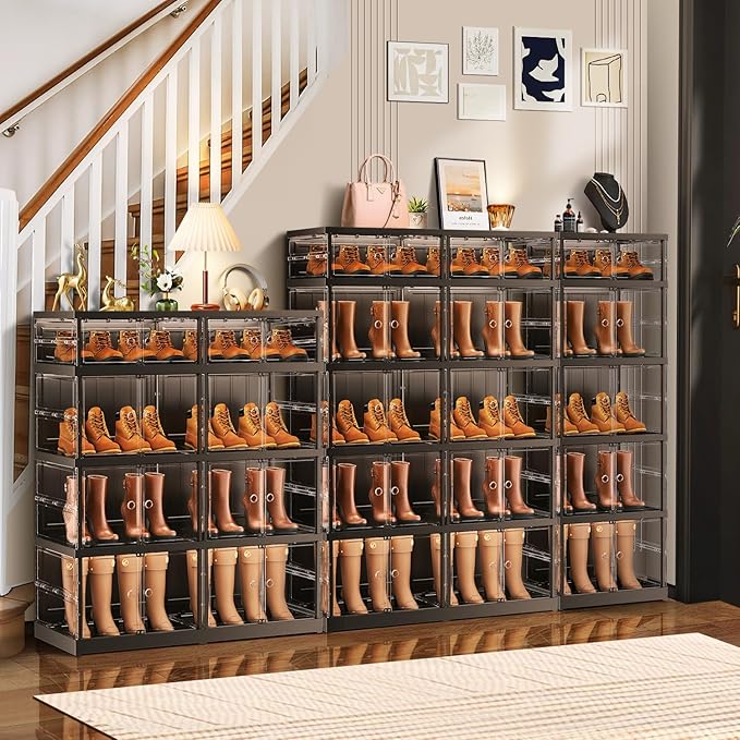 CIMLORD 4-Tier Foldable Shoe Rack for Closet Entryway 8-16Pairs,Stackable Clear Shoe Storage Boxes Organizer with Door Plastic Shoe Cabinet Bins with Lids Shoes Shelf Easy Assembly Large Black