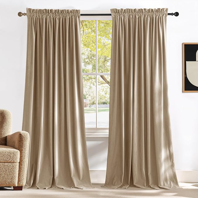NICETOWN Beige Velvet Curtains 102 inches Long 52 inch Wide 2 Panels, Luxury