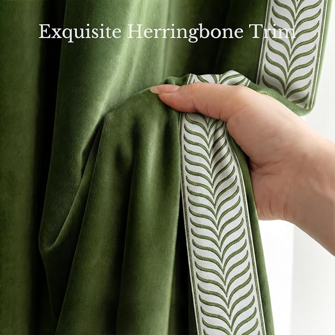 NICETOWN Rod Pocket Embroidered Trim Velvet Curtains, 2 Panels, Olive Green