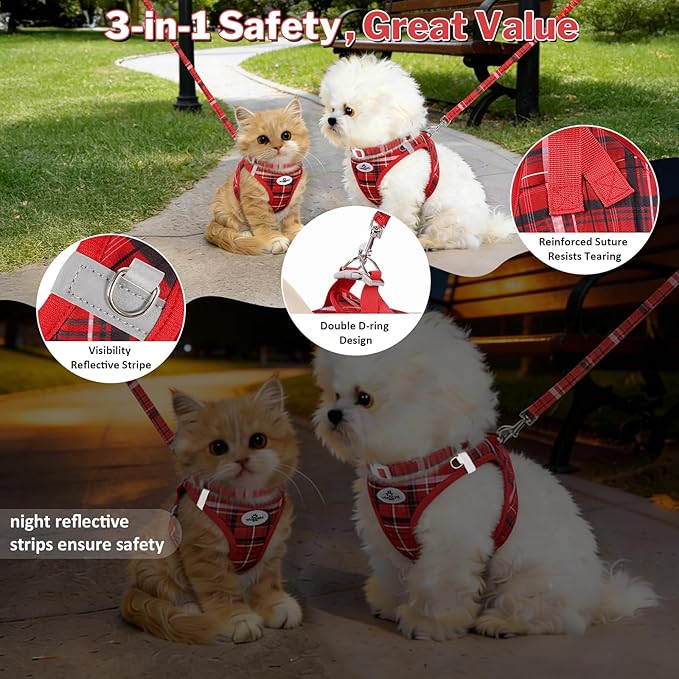 Gyuzh Small Cat Harness and Leash Set for Puppy & Kitten - 3-in-1 No Pull Step in Vest Collar, Lightweight Reflective Plaid, Padded Handle (Red, XS)
