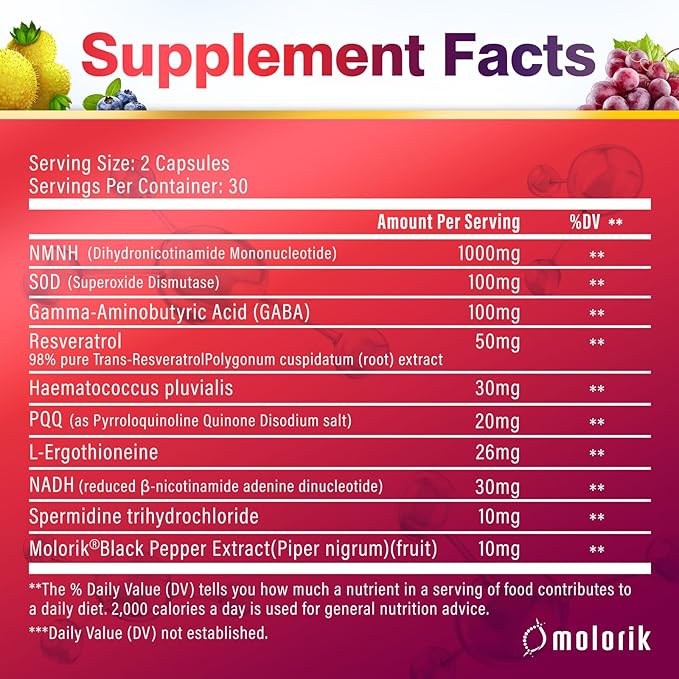 NMNH (Dihydronicotinamide Mononucleotide), 1000mg Per Serving NAD High Purity Supplement Alternative, Capsules Gluten Free, Non-GMO, for Anti-Aging, Energy, Focus - 052