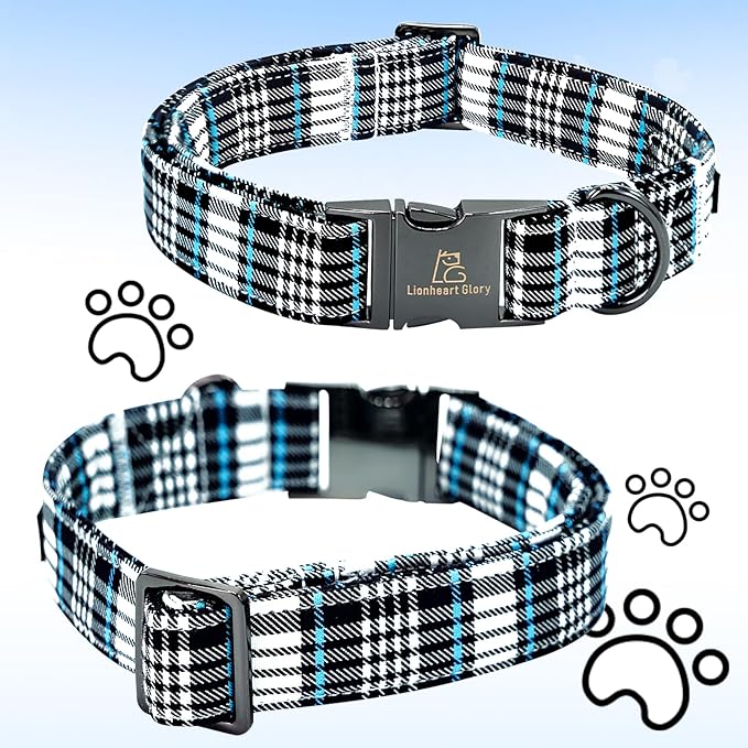 Lionheart glory Dog Bow Collar Blue and Black Plaid Dog Collar for Small Dogs,Boy Dog Collars with Bowtie Spring Summer Collars Soft Adjustable Pet Collar Bows