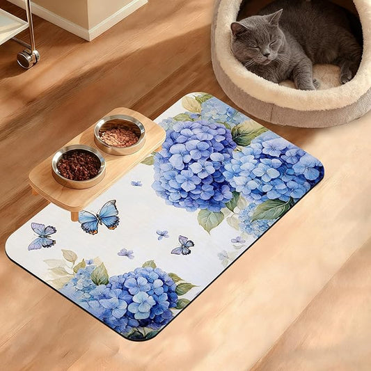 Pet Feeding Mat,Blue Hydrangea Absorbent Dog Cat Food Mat Butterfly Floral Dog Mat with Rubber Backing,Non-Slip Water Bowl Placemat,Pet Supplies 12" x 20"