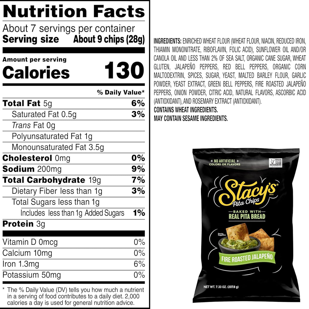 Stacy’s Pita Chips, Fire Roasted Jalapeno, No Artificial Colors or Flavors, 7.33 oz Bag