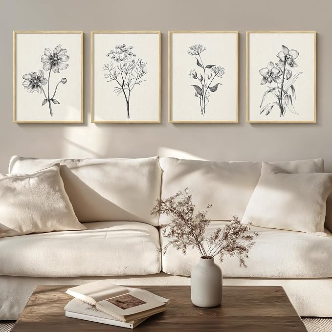 Framed Minimalist Black and White Floral Wall Art, 4 Piece Neutral Rustic